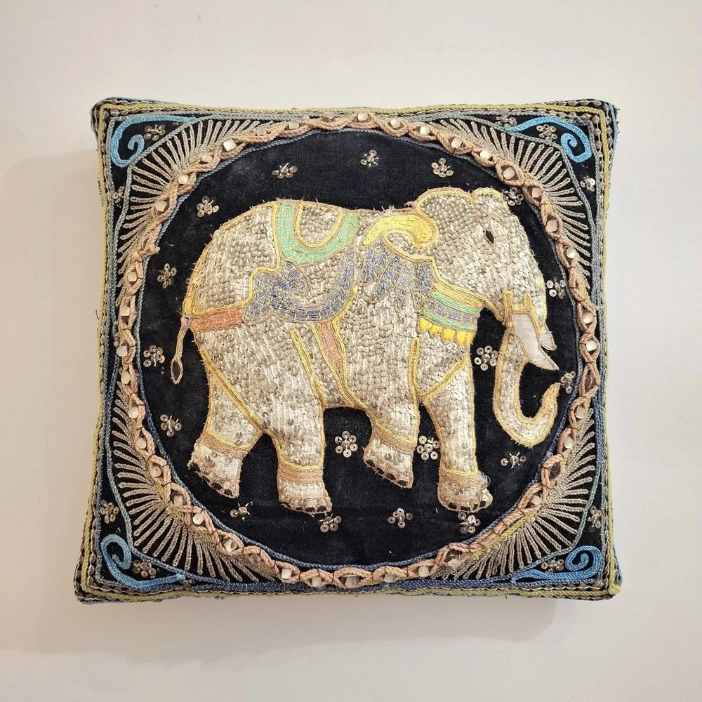 Vintage Boho Kalaga Burmese Elephant Embroidered Sequin Throw Accent Pillows x 2